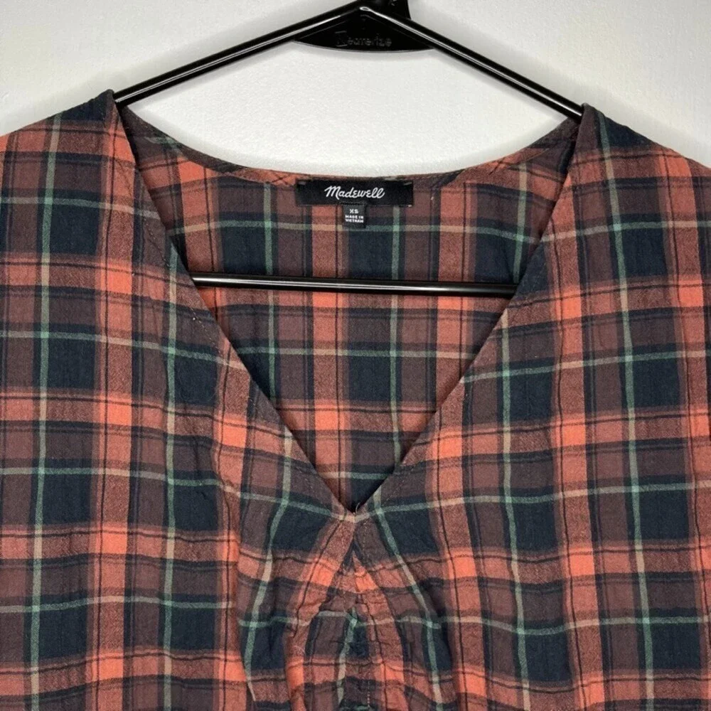 Madewell Womens Shirt XS Pink Plaid Cotton Short Puff Sleeve Gathered V-Neck